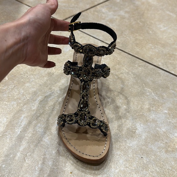 Mystique Wedge Sandals in patent Black with clear stones and gold accents. - Picture 4 of 8